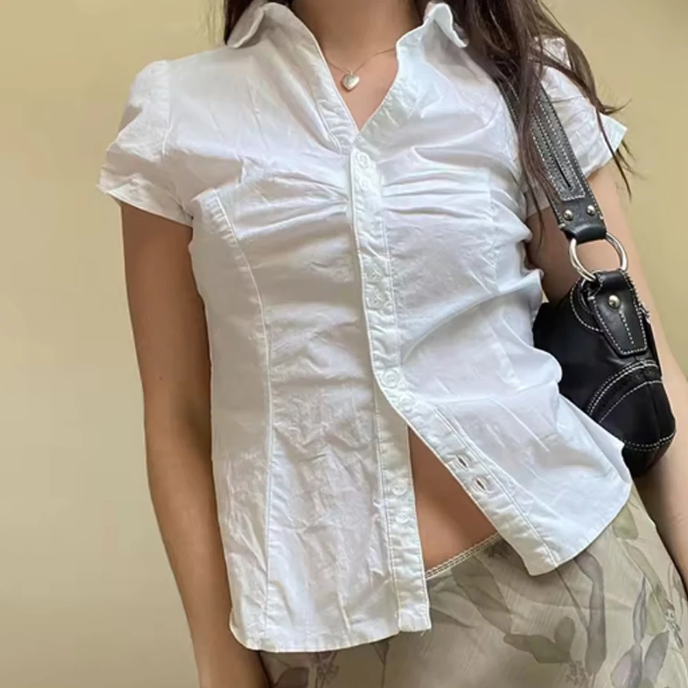 Women Solid Shirring White Shirts Summer Kawaii Button Up Turn Down Collar Short Sleeve Tops Vintage Ladies Office Casual Clothe