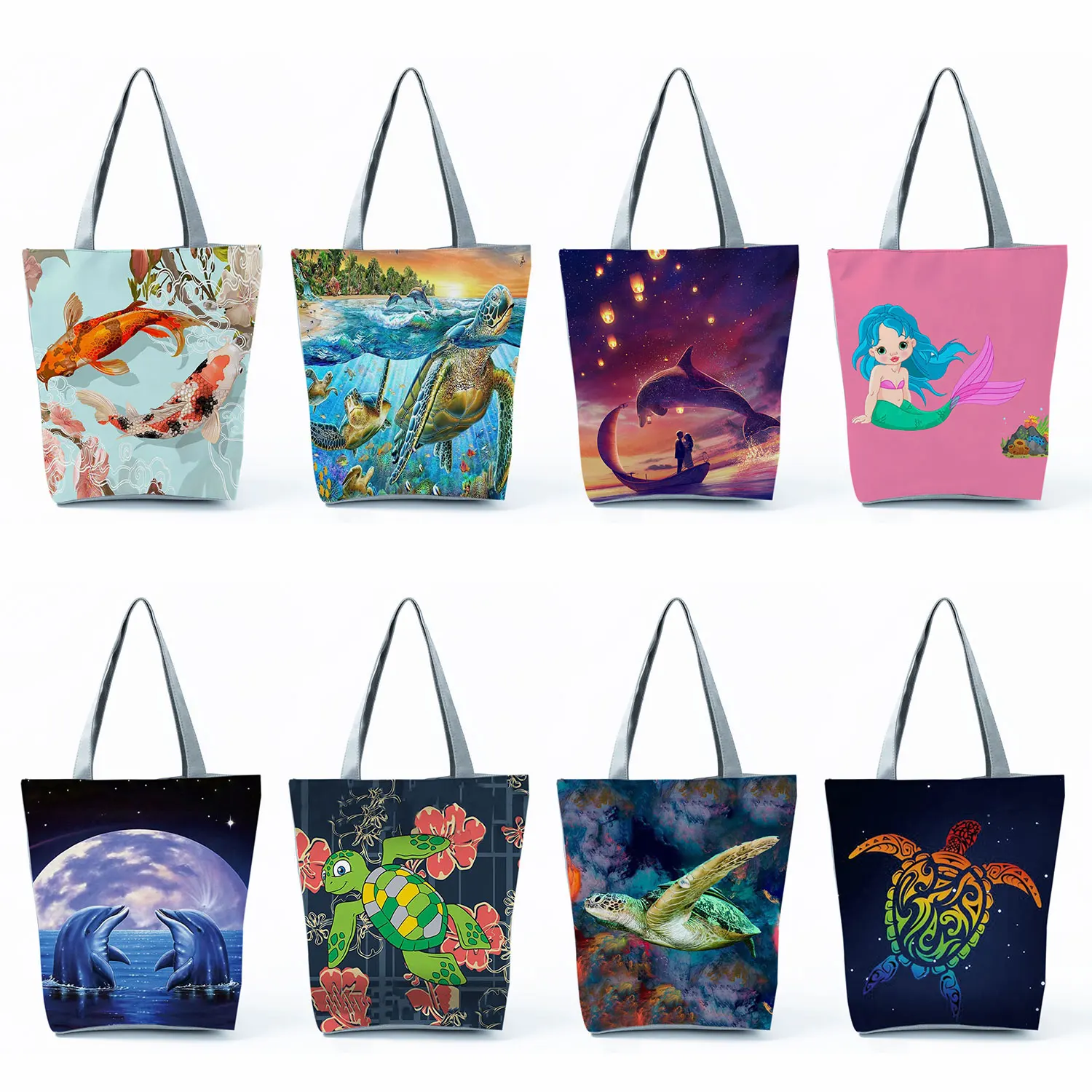 

Shopping Shoulder Bags Casual Whale Turtle Mermaid Print Tote Foldable Water Animals Graphic Women Eco Reusable Handbags Custom