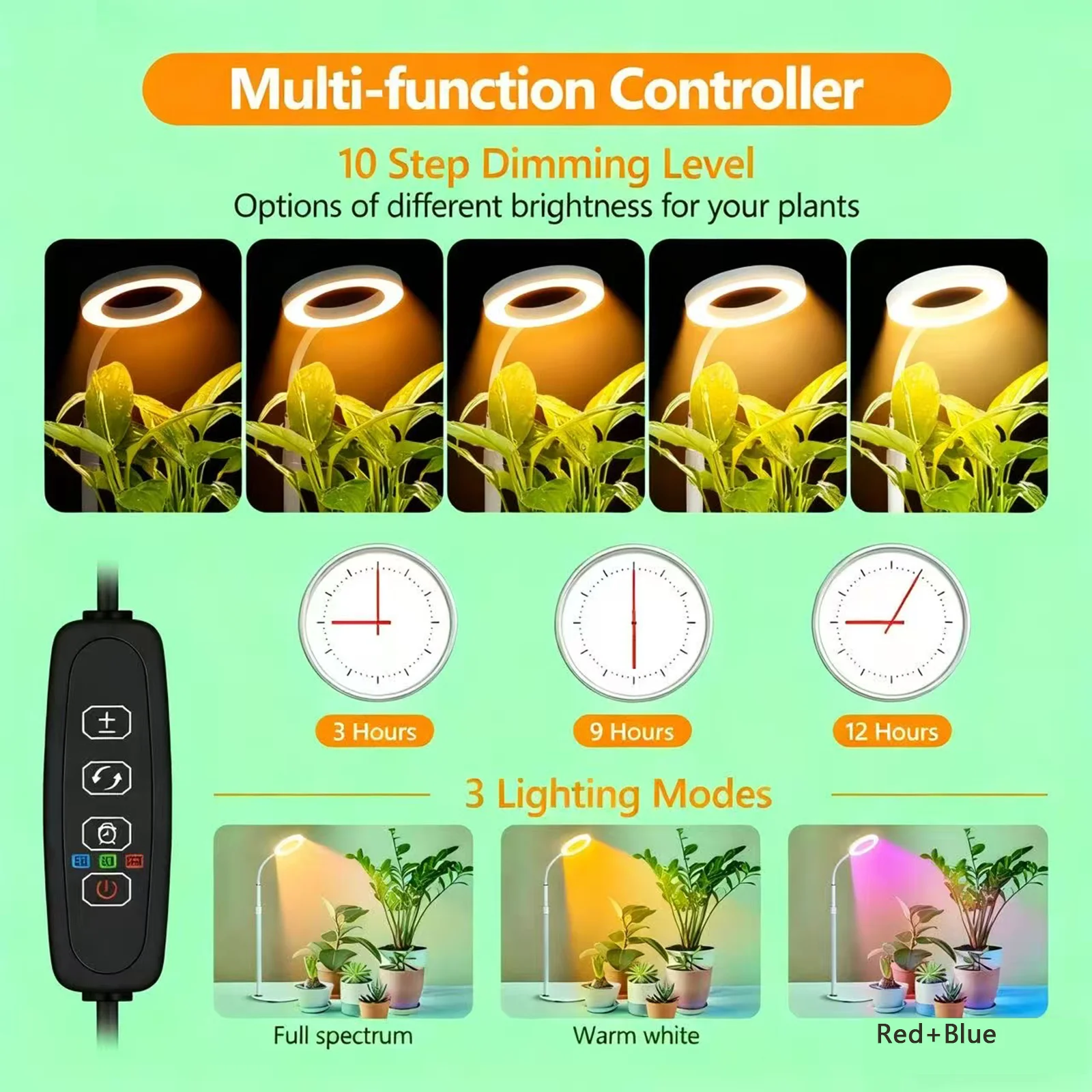 أضواء تنمو للنباتات الداخلية، 60 مصباح نباتي مكتبي كامل الطيف LED مع مؤقت لـ 3/9/12 ساعة، 10 مستويات قابلة للتعتيم، ارتفاع قابل للتعديل