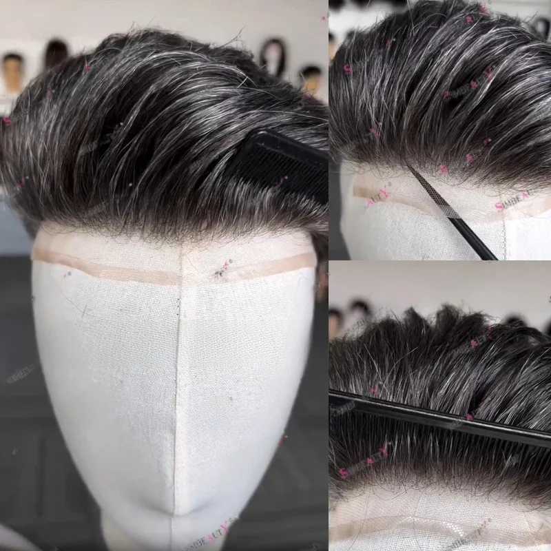 Onzichtbare Natuurlijke Comfortabele Herenpruiken Natuurlijke Haarlijn Ademend Q6 Zwitserse Kant & PU Basis Heren Toupet 100% Menselijk Haar Prothese - afbeelding 2