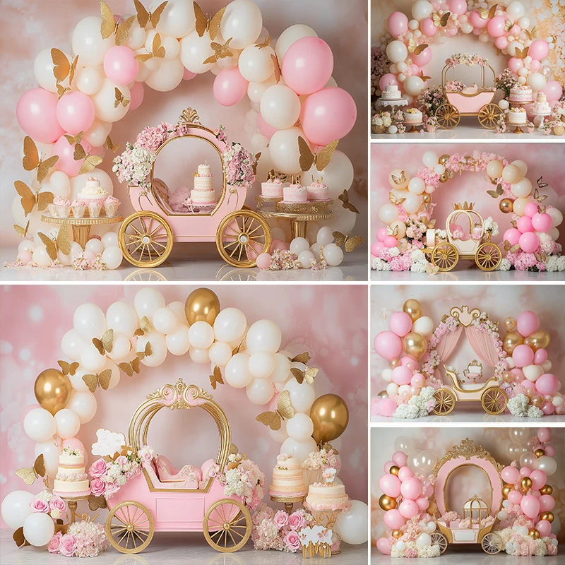 

LS Photography Background Cake Smash Girl Princess Birthday Party Photo Backdrop Balloon Butterfly Float Decoration Props