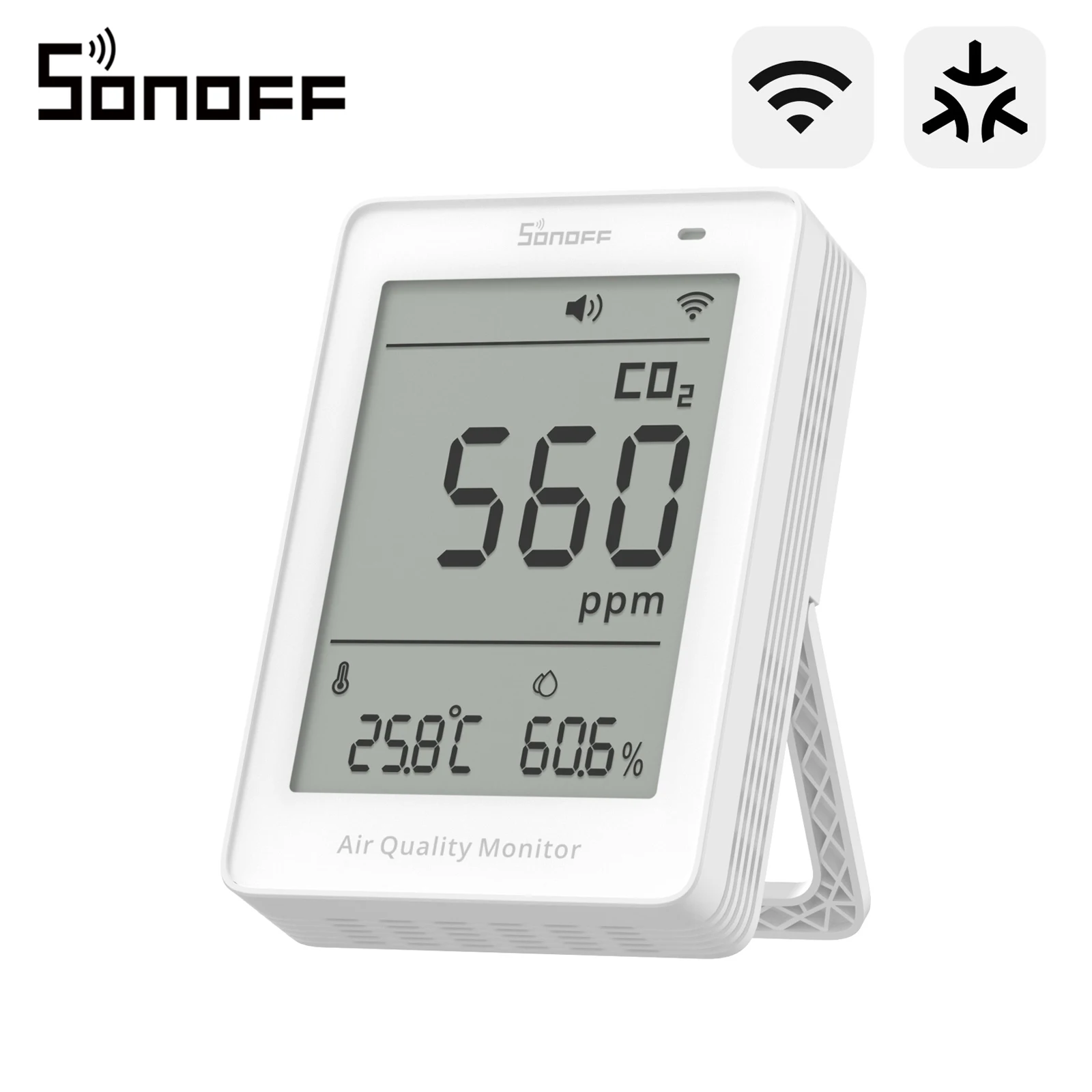 SONOFF SAWF-08P AirGuard CO2 Matter Over WiFi, Monitor de Calidad del Aire, Medidor de Temperatura y Humedad, Alarma de Sonido y Luz, Datos Históricos