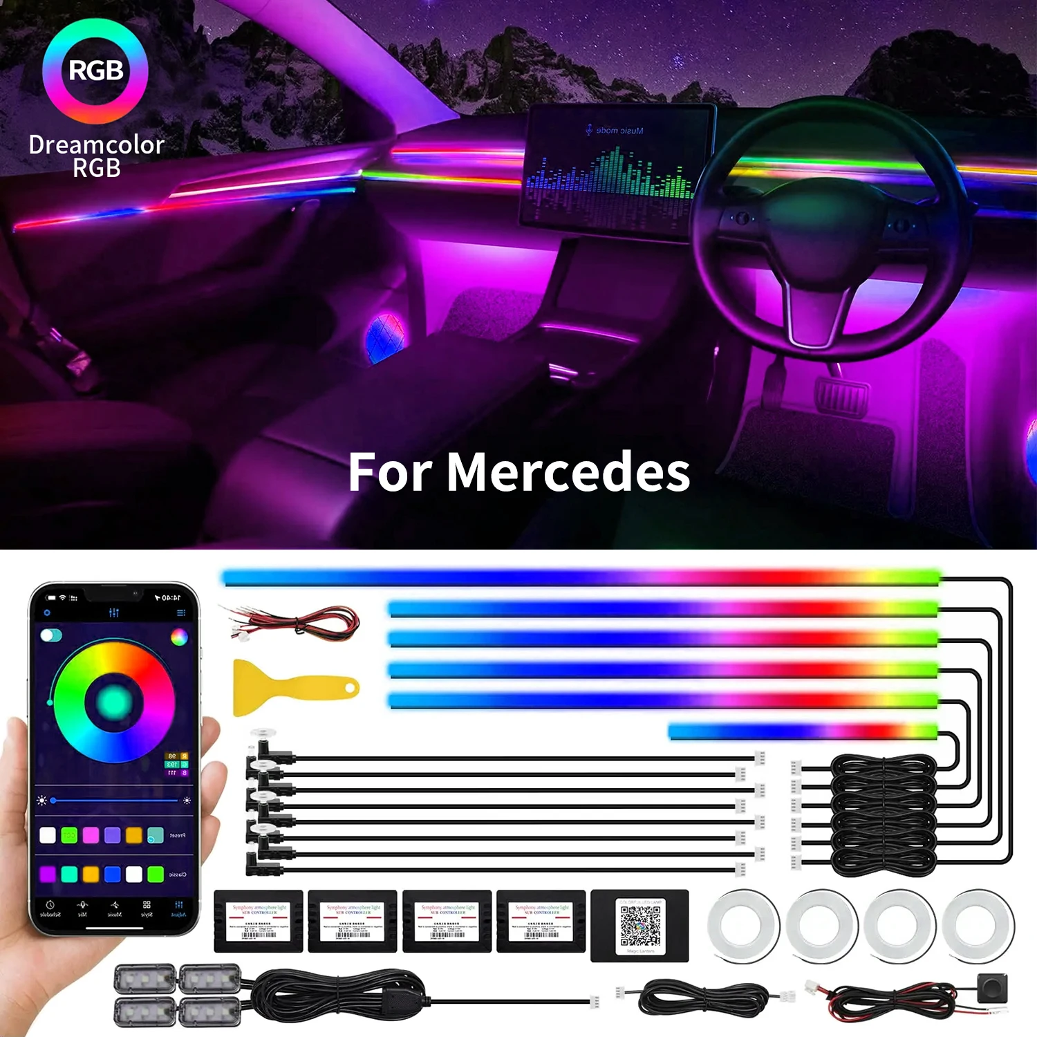 22 In 1 Full RGB 213 Colors Streamer Car LED Interior Ambient Lights Universal Hidden Acrylic Strip Kit Symphony Atmosphere Lamp