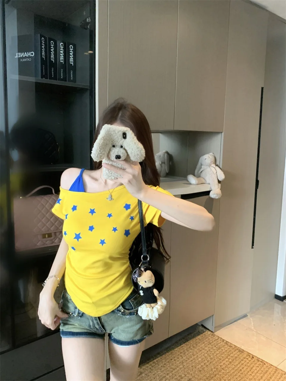 Fashion Yellow Patchwork Women's T-shirt Short Sleeve Summer Tops American Retro Skew Collar Graphic Tee 2000s Clothes Y2k