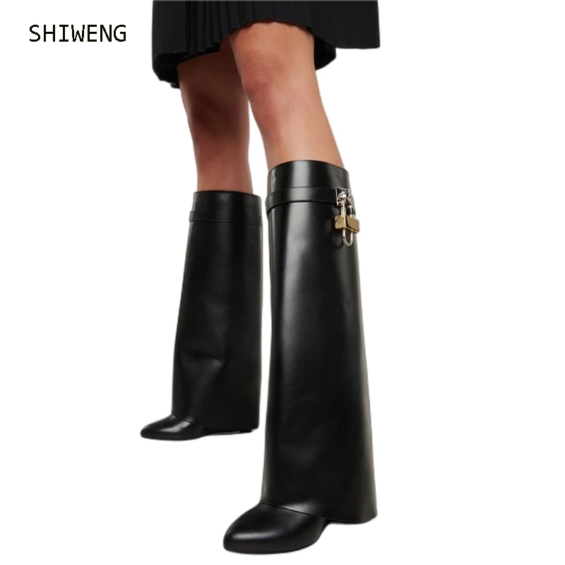 

2022 Popular Shoes New Women High Heel Shark Lock Women Wedge Heel Boots Pointed Toe Big Size Black Fold Knee Long Boots 43