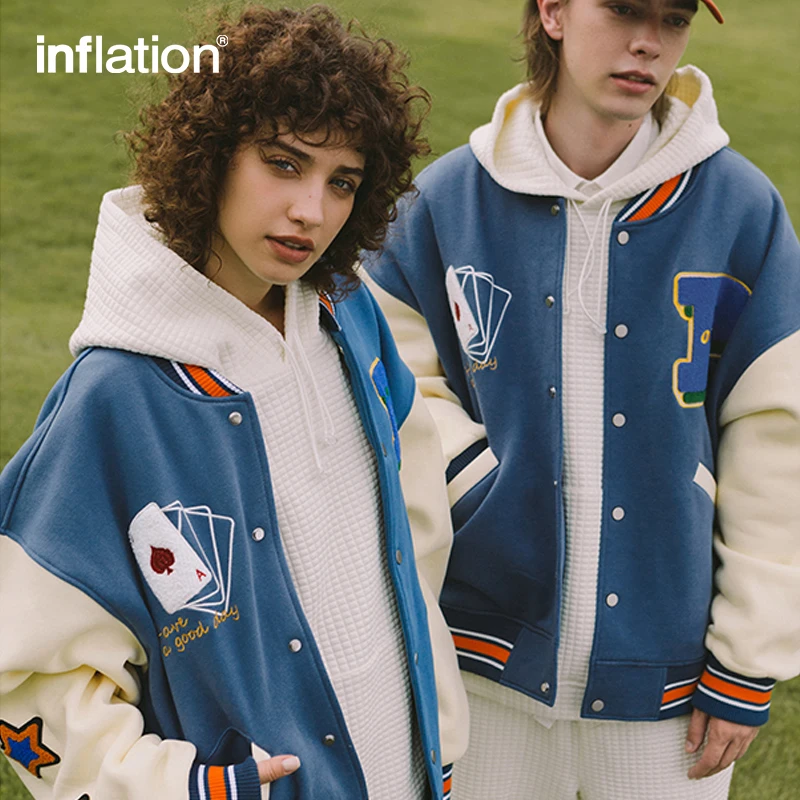 INFLATION Couple's Jacket Streetwear Men Oversized Hip Hop Baseball Jacket Unisex Quality Towel Embroidery Bomber Coat