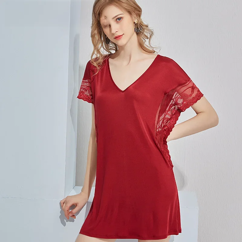 SuyaDream kobiety jedwabiu Sleepdress naturalny jedwab i koronki czarne wino Sexy Mini sukienki 2021 letnie koszule nocne — zdjęcie 2