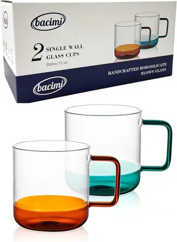 Bacimi® Clear Coffee Cups with Colorful Handles - Set of 2 / 12oz - Borosilicate Glass Mugs for Cappuccino, Tea, Latte, Coffee & Hot Beverage - Drinking Cups - Microwave Safe