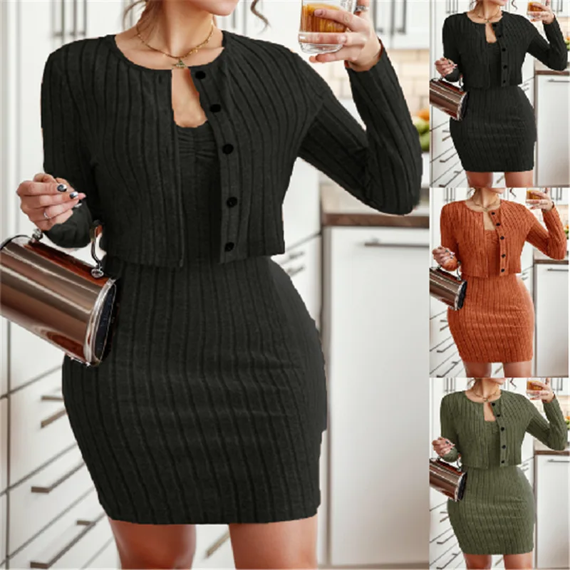 Womens Solid Button Front Jacket & Bodycon Dress