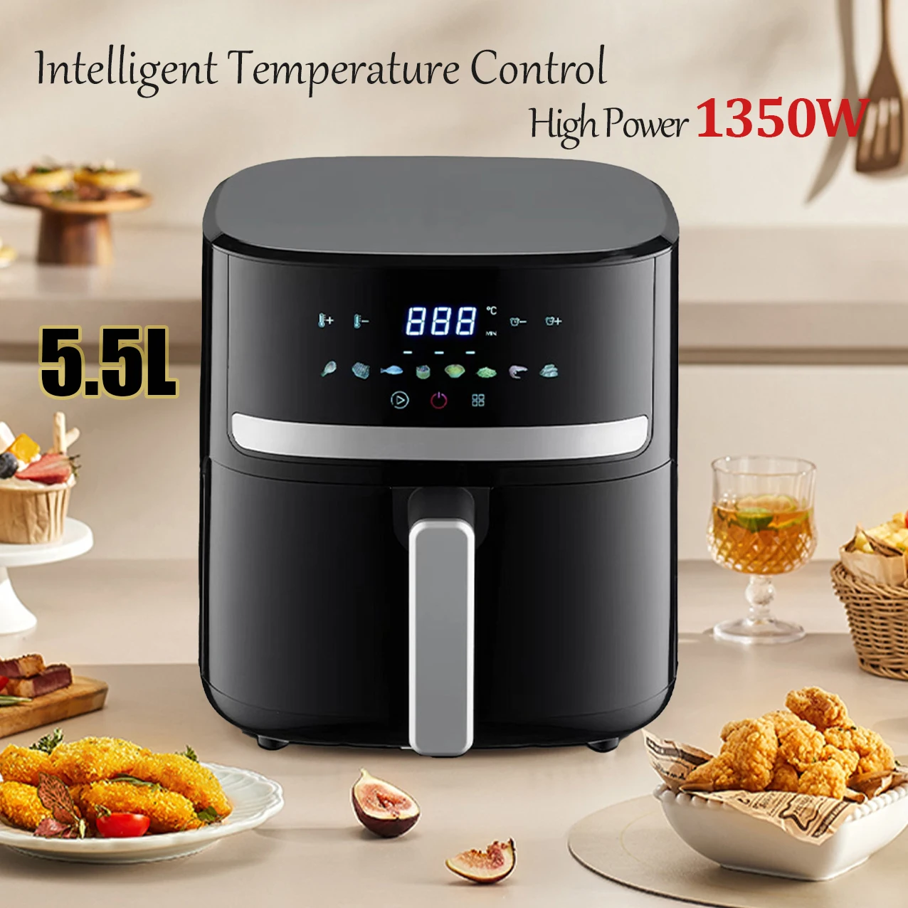 1400W Air Fryer 5.5L Stainless Steel Visible wide Capacity Electric Oven LED Display Touch set Multifunctional Electric Frye