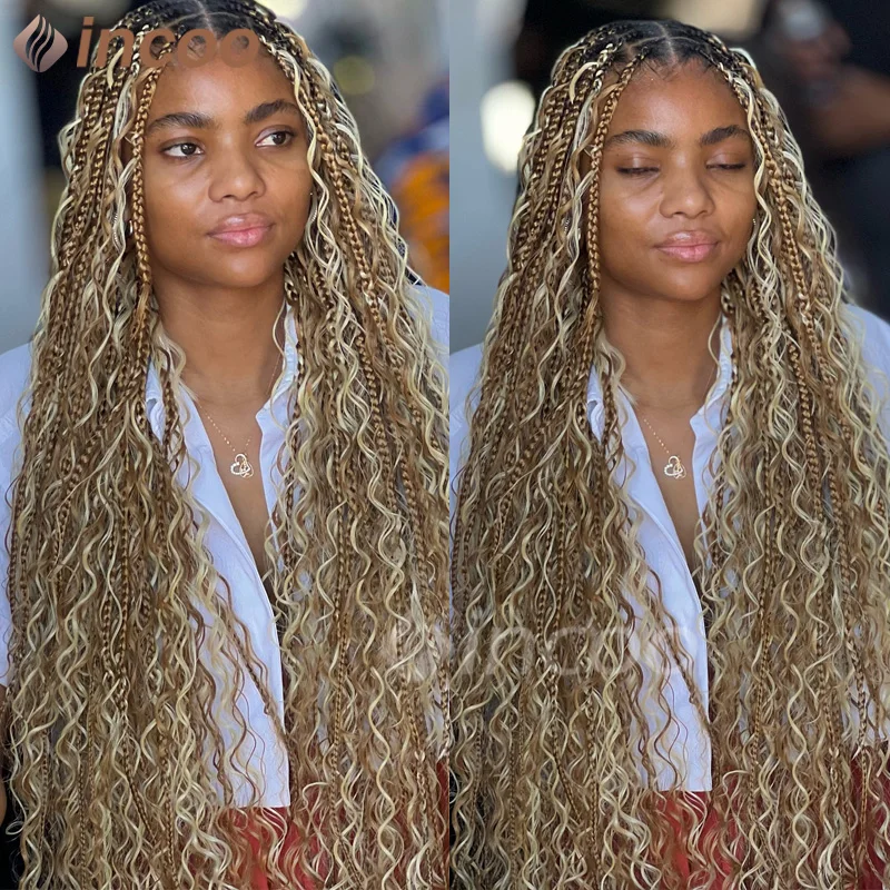 Synthetic Bohemian Box Braids Wigs Blonde 613 Full Lace Braided Wigs 32