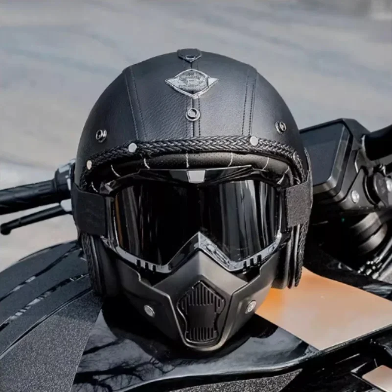AliExpress NONE Vintage Motorcycle Helmet Men's Four season Cruise Scooter Leather Jet Helmets Electric Bike Half Helmet with Cool Mask DOT