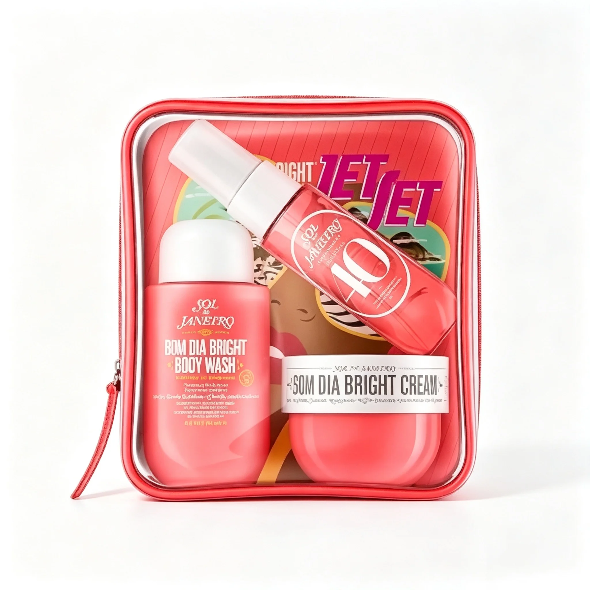 Sol de Janeiro Delicia Drench Body Care Travel Gift Set: A purple, transparent zippered cosmetic bag containing nourishing shower oil, No. 59 fragrance spray, and a mini skincare set with a long-lasting, warm vanilla-sandalwood scent for deep repair and h view 6