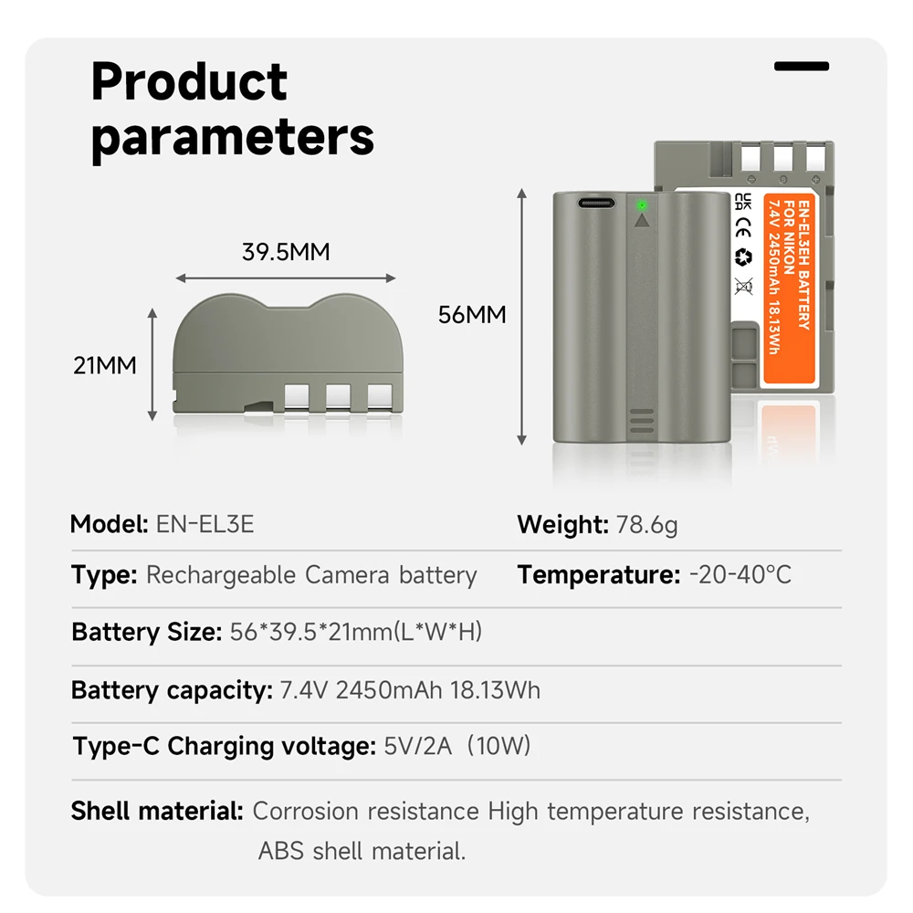 2450Mah EN-EL3E Bateria Enel3e Li-Ion Batterij Met Type-C Laadpoort Voor Nikon D50 D70 D 70S D80 D90 D100 D200 D300 D 300S D700