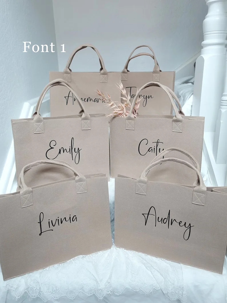 Premium Felt Tote Bag Personalized Bridesmaid Bag Tote Gift Burlap Bags Beach Tote Bag with Name Shopping Market Handbag