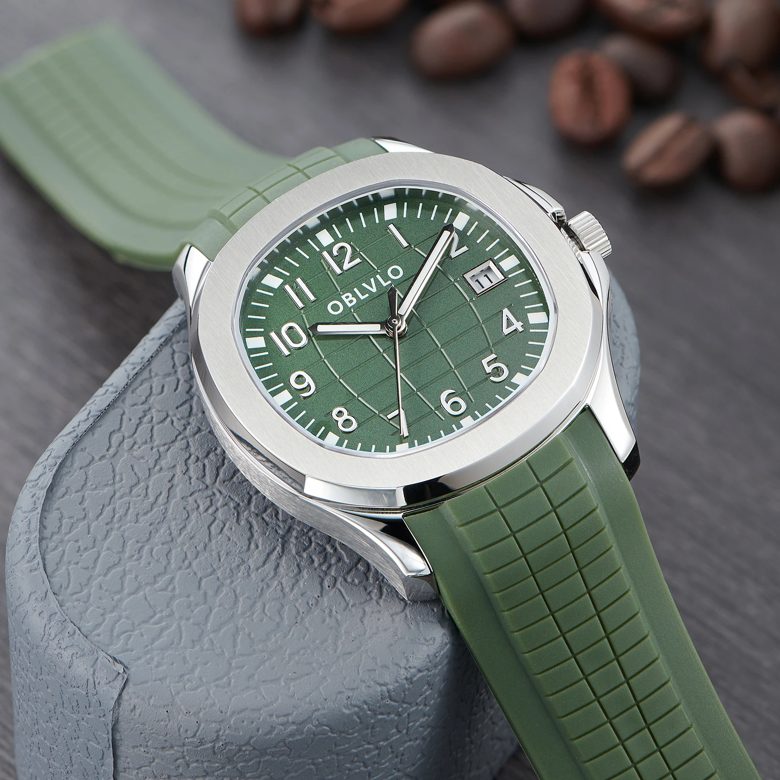 OBLVLO Square Green Dial with Date Mens Automatic Watch Super Luminous Sillicone Waterproof Mechanical Watches Sport Rejos FM-SL