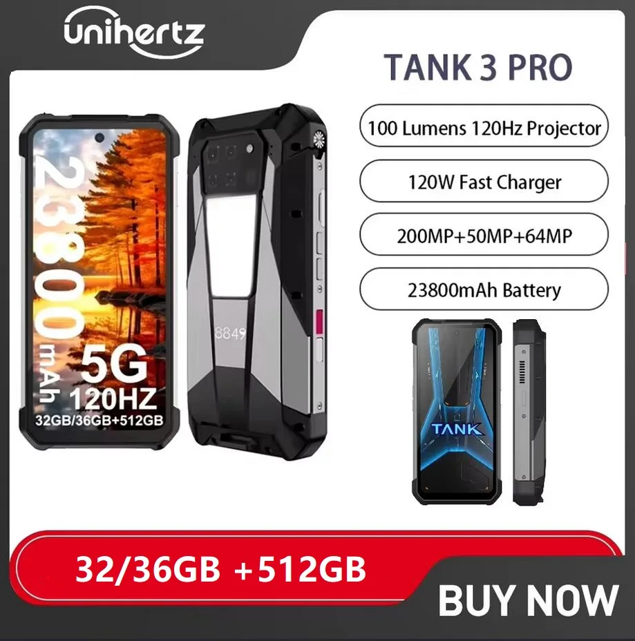 Unihertz Tank 3 Pro 8849 Rugged Smartphones android 5G with 100 Lumens Projector 32/36GB 512GB 23800mAh Waterproof 200MP phone