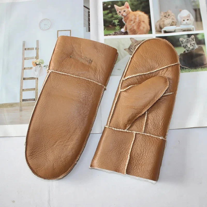 New Leather Women's Fur Gloves Winter Sheepskin Stitching Thick Warm Wool Lining Cold-Proof Mittens