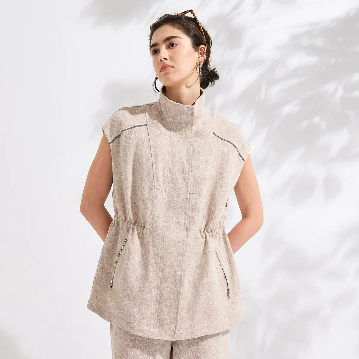 KL9613621 Luxury 100% Linen Vest Women High Neck Drawstring Waist Sleeveless Jacket Elegant Designer Tops