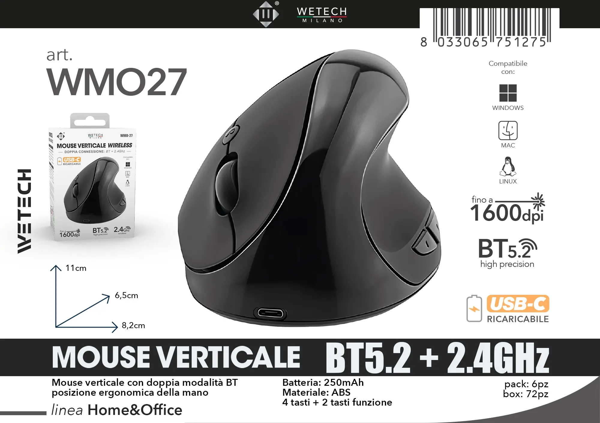 Oplaadbare ergonomische verticale muis met dubbele draadloze modus—2.4G + Bluetooth—DPI instelbaar tot 1600. Belast de pols niet na langdurig gebruik.