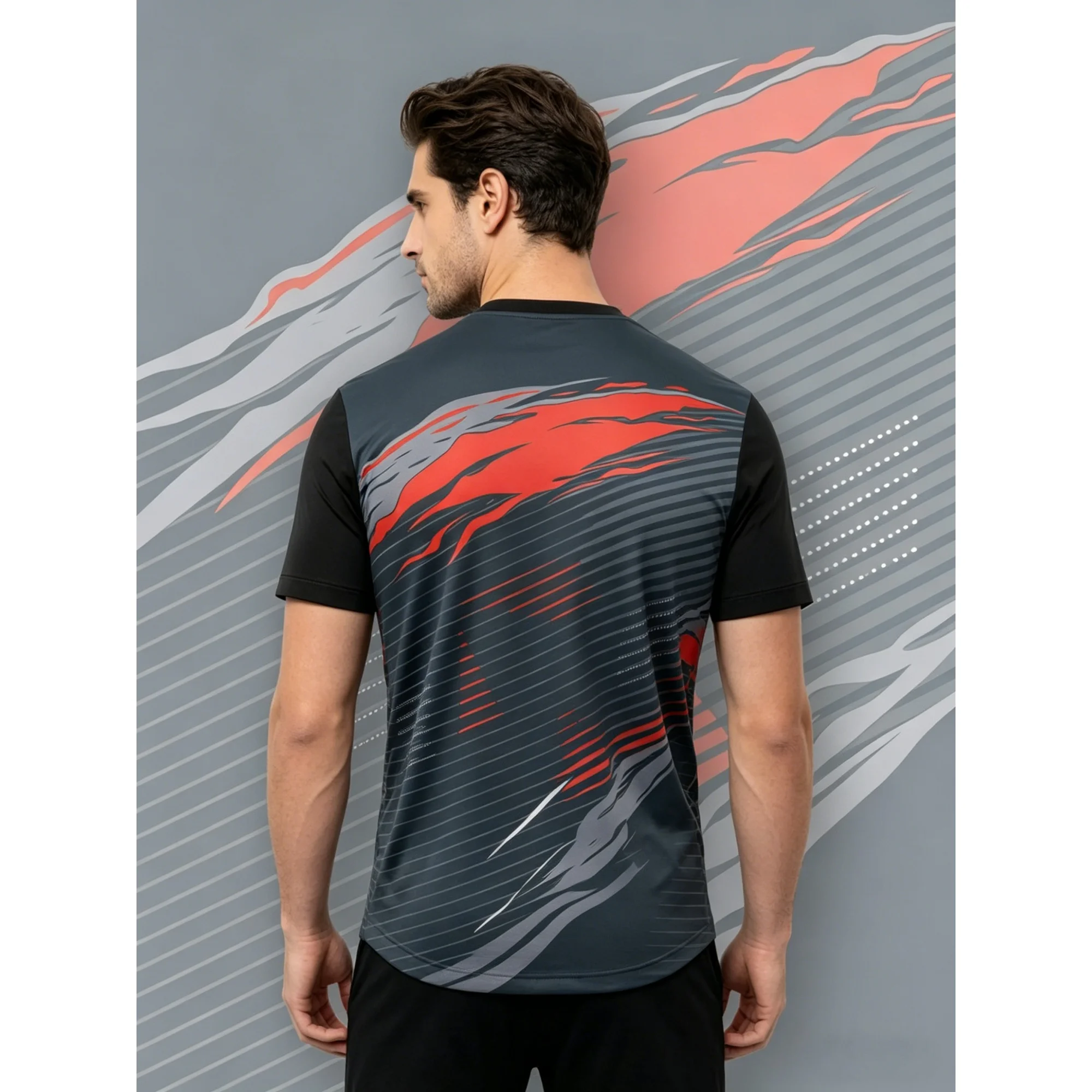 2026Men's Slim-fit Crew Neck Short-Sleeve T-shirt with Dynamic Red and Grey Striped Print on Grey-Black Base, Trendy Sports Top