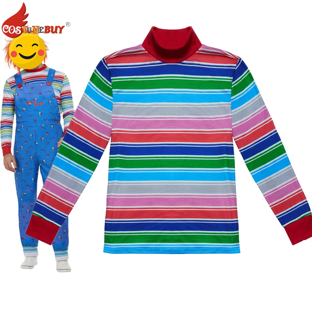 Movie Ghost Doll Killer Chucky Cosplay Inspired Costume Rainbow Stripe Long Sleeve T-Shirt Unisex Adult Casual Pullover Shirt