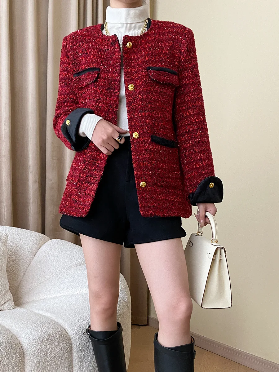 Herbst Winter Damen mittellange einreihige Wolle rot grauer Mantel hochwertige Tweed jacken