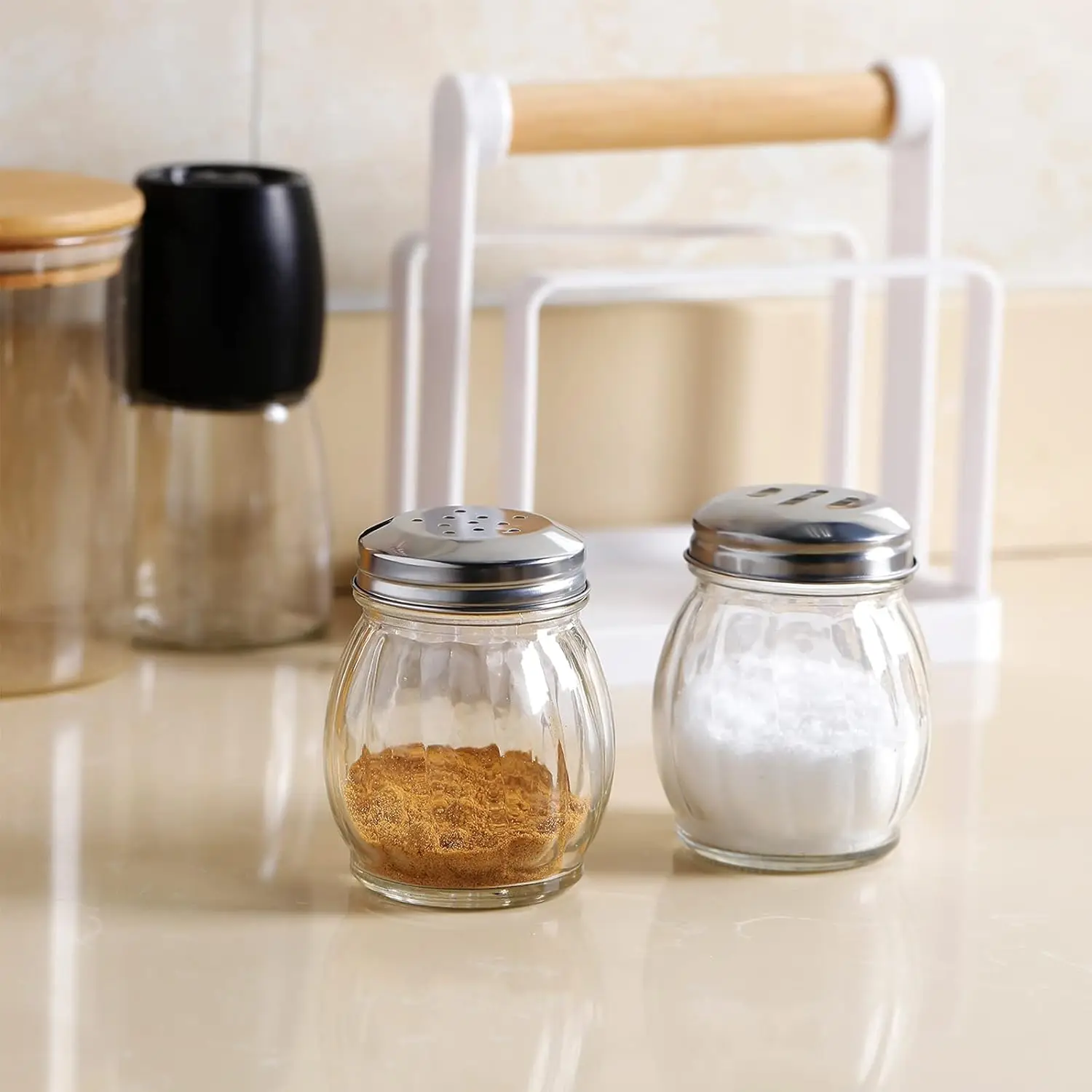 

12 Pieces Glass Spices Shaker with Perforated 6 Ounce Swirl Glass Cheese Shaker and Slotted Top Lid Red Pepper Retro Swirl Style