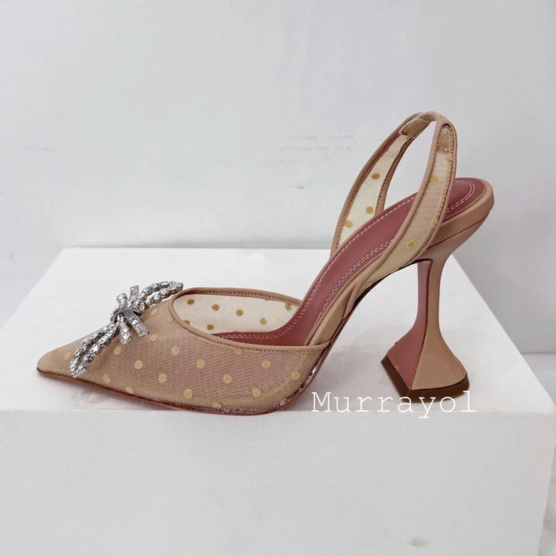 Pumps Mesh Rhinestone Sunflower Decor Back Strap Slingback Sandals Women Pointed Toe Thin High Heels Party Banquet Dress Shoes