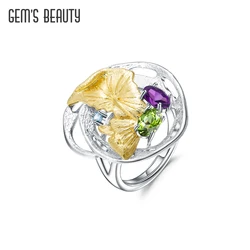 GEM'S BEAUTY Real 925 Sterling Silver Lotus Leaf Ring Mixed Gemstones Cocktail Ring for Women Amethyst Peridot Fine Jewelry