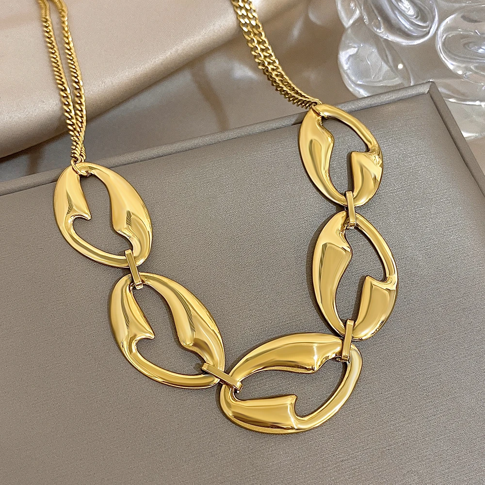 Freetry Creative T-shaped Hollow Out Oval Choker Necklace for Women Glossy Waterproof Stainless Steel Golden Necklace Jewelry