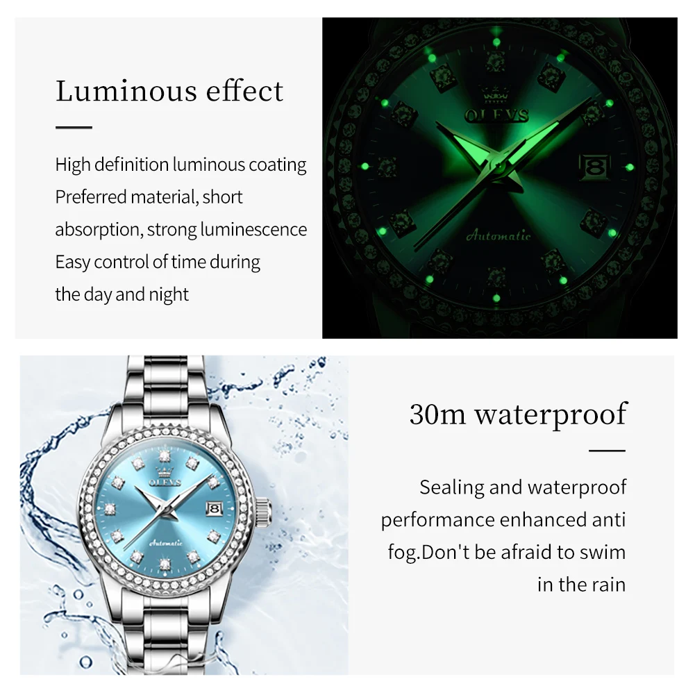 ساعة OLEVS 7003 للسيدات ميكانيكية أوتوماتيكية مقاومة للماء بحزام فولاذي ساعة يد فاخرة للنساء هدية عيد الميلاد #6