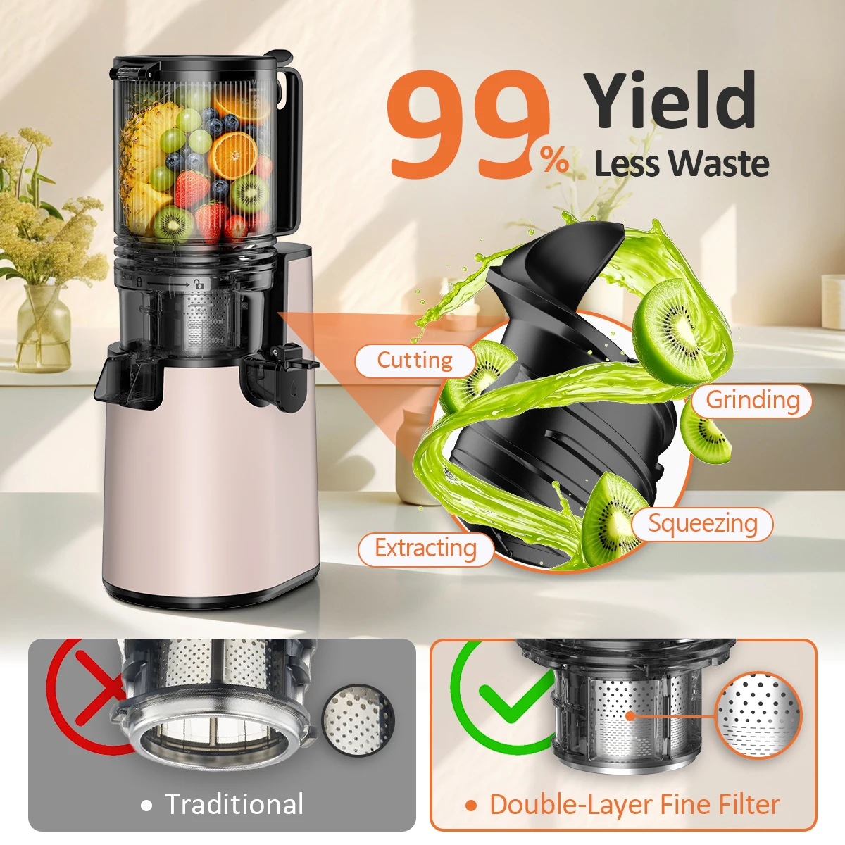 Cold Press Slow Masticating Juicer Machine, 5.4 Inch Extra Wide Feed Chute Whole Fruit Juicer, High Juice Yield Quiet Cold Press Extractor for Celery Kale Fruits Vegetables, Home Healthy Juicer Pink