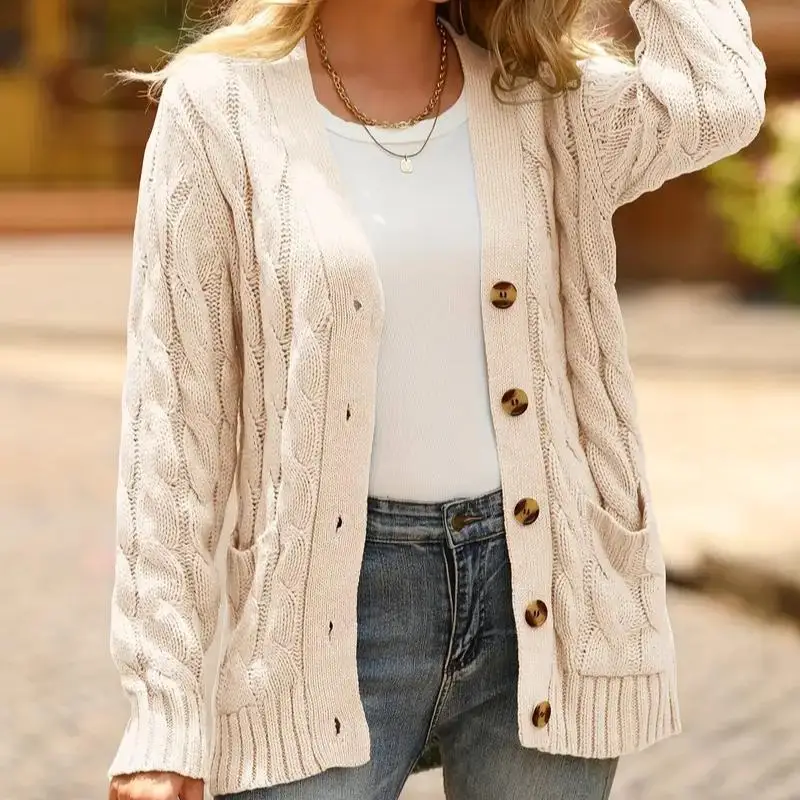 

Women's Solid Color Twist Cardigan Fashion Button Sweater Knit Thick Coat