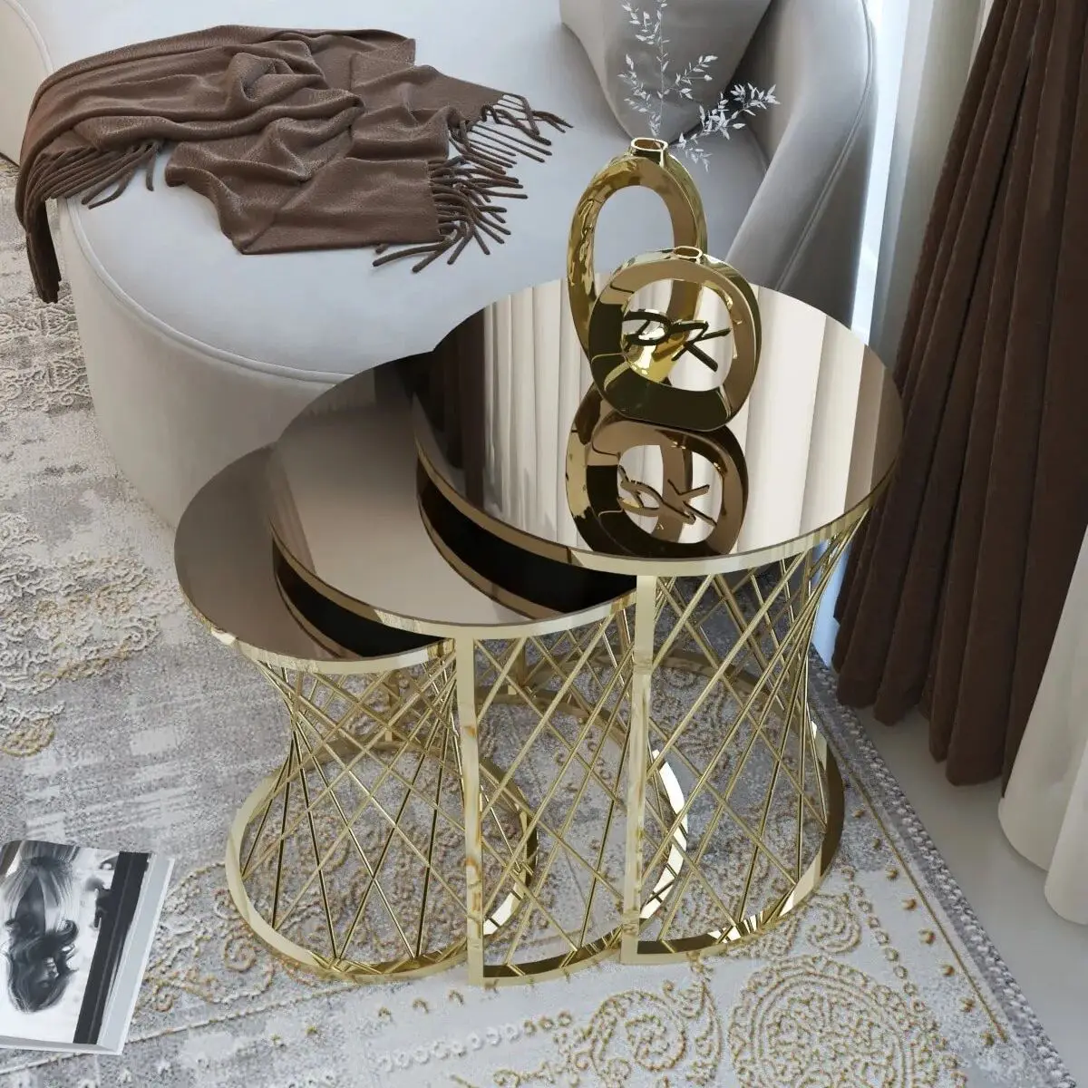 Decorative Set of 3 Wicker Nesting Table Gold Silver Unbreakable Tempered Glass Luxury Coffee Table Set 3Pcs Furniture Accessory