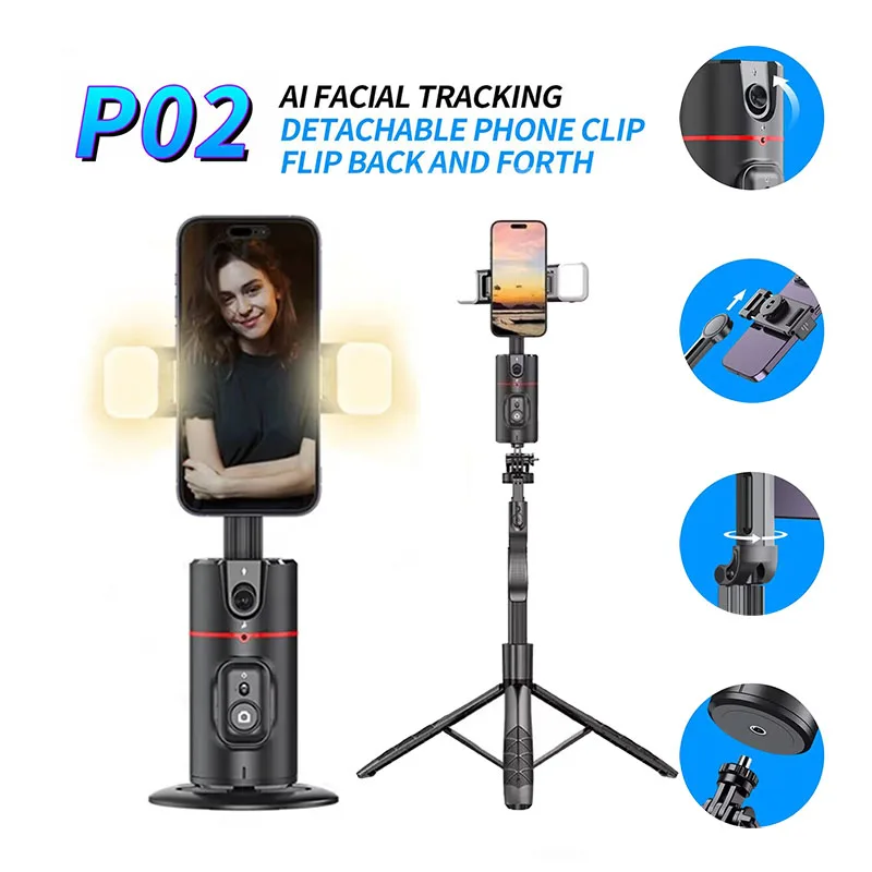 360 Rotation Stabilizer Follow-up Selfie Desktop Face Tracking Gimbal for phone Live with Remote Shutter and lights microphone