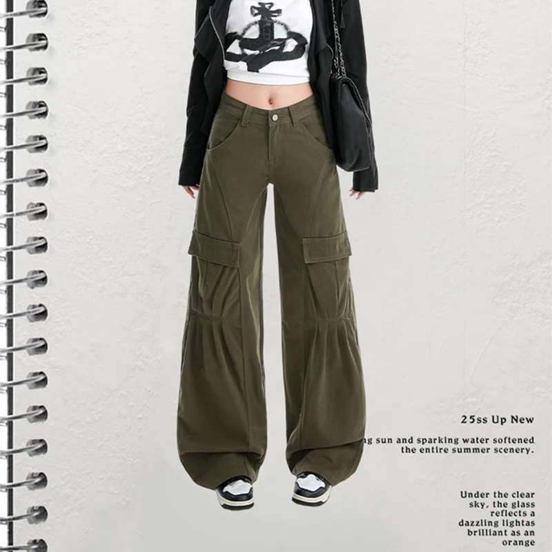 

Women's Military Green Retro Streetwear Large Pocket Cargo Pants High Waist American Wide-Leg Pants Y2K Summer BF Style Trousers