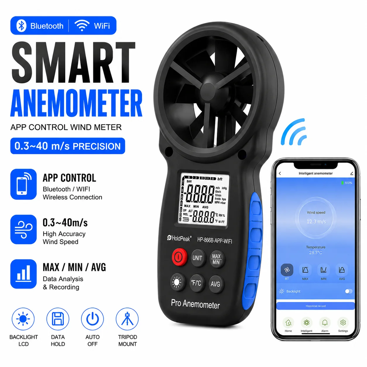 Anemómetro Digital con Control por Aplicación WiFi, Tipo Vane, HoldPeak 866B-APP-WIFI, Medidor de Velocidad del Viento con Escala Beaufort, 5 Unidades Intercambiables