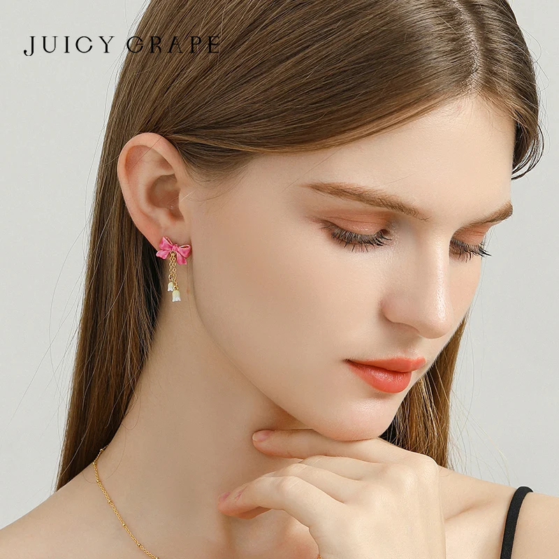 JUICY GRAPE Pink Butterfly Bow Earrings Bellflower Stud Earrings for Women Sweet and Charming Ear Clips Ear Rings for Summer