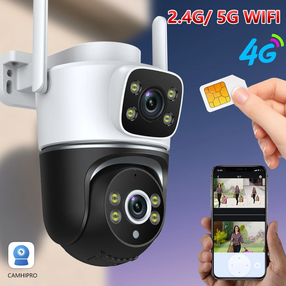 4G LTE Cellular Security Camera Dual Lens Outdoor Cameras for Home Security with Pan Tilt HD Night Vision 2-Way Talk IP66 Water