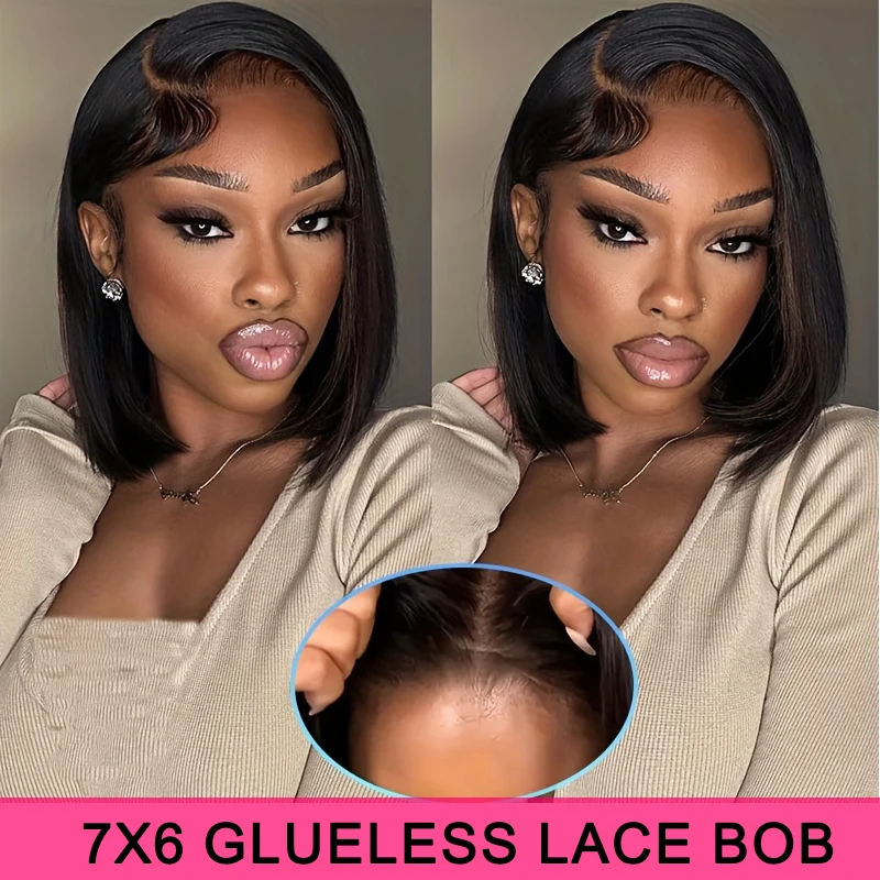 

Wear and Go Glueless Wig Human Hair,No Glue Bob Wigs 14 Inch Glueless Bob Wigs Human Hair Pre Plucked Pre Cut,7x6 Lace
