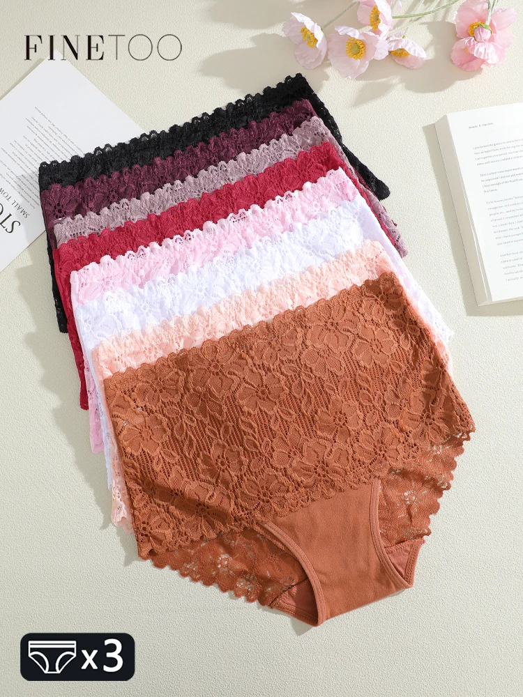 FINETOO 3Pcs Women's Floral Lace Panties High-Waist Breathable Underwear Sexy Hollow Out Briefs Big Size Comfortable Lingerie