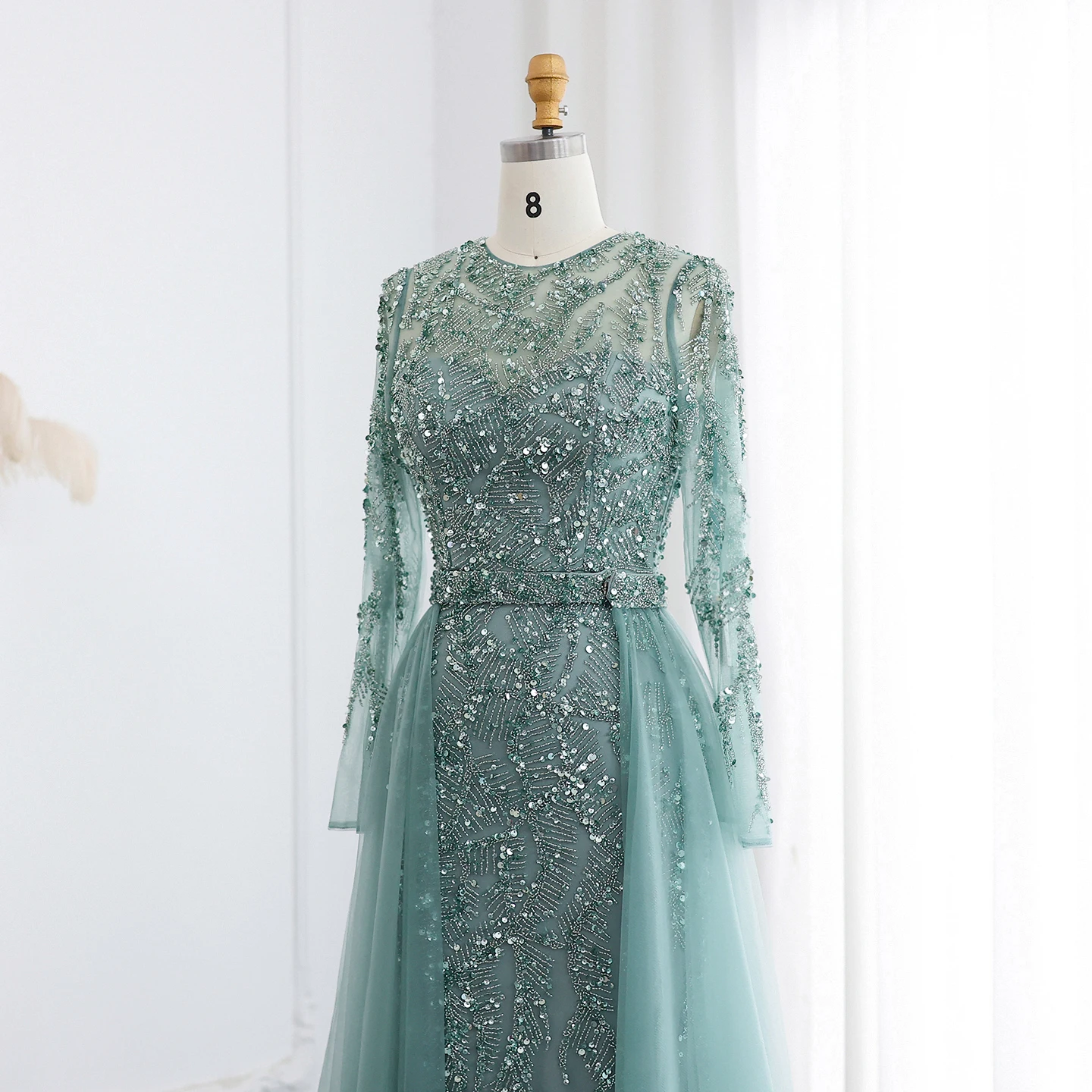 Sharon Said Luxuriöses Dubai Tüll Türkis Nude Meerjungfrauen-Abendkleid mit Überrock Arabisches Hochzeits-Formal-Partykleid SS183 Maßanfertigung – Detail 15