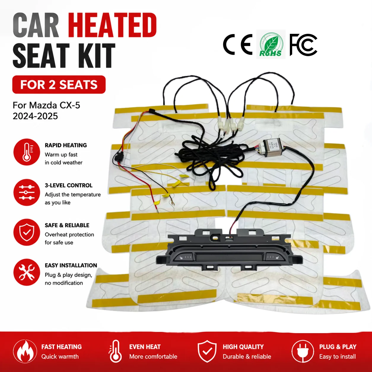 Built In Car Seat Heating System Kit Fit 2 seats, With Dedicated Switches & Heating Pads, Suitable For Mazda CX-5 2024-2025