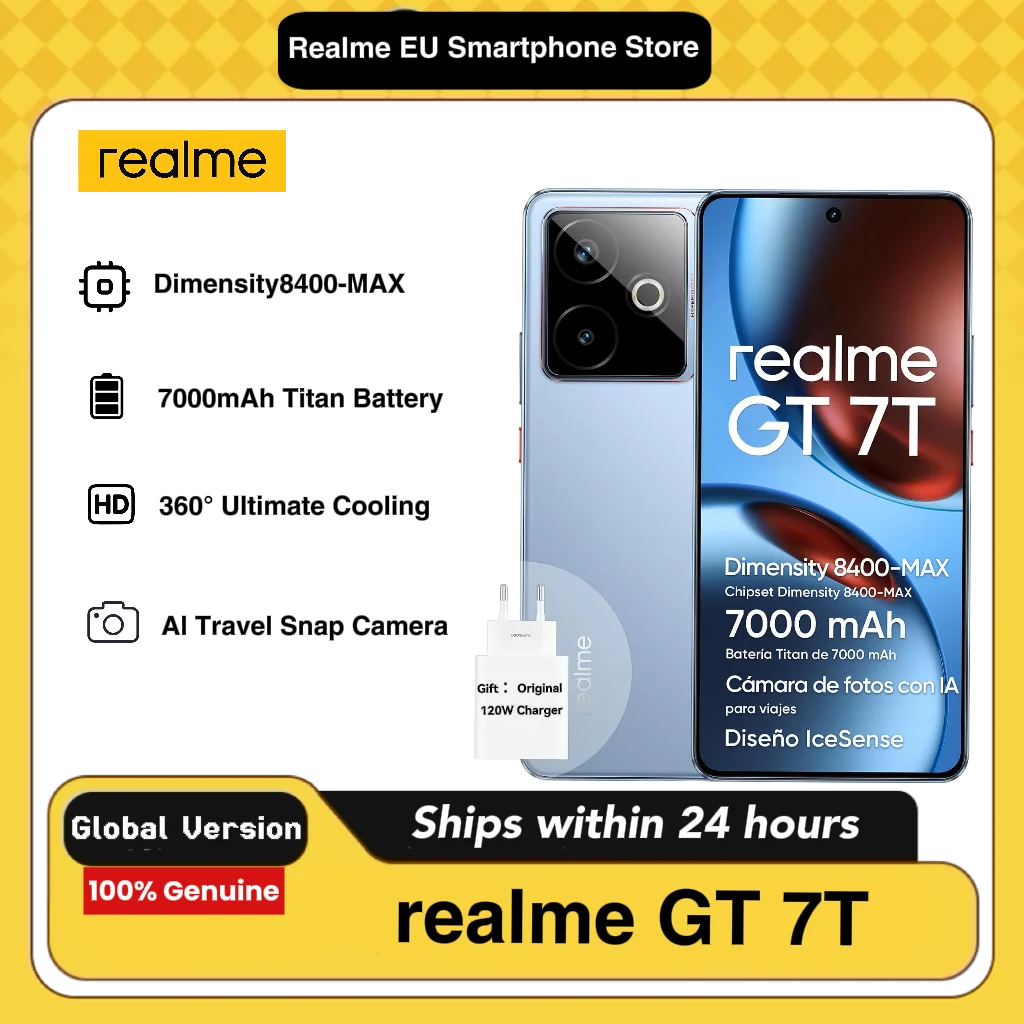 Realme GT 7T 5G Smartphone 12GB+256/512GB, Dimensity 8400-Max Chipsatz, 7000mAh Akku, 6,78" 1,5K 120Hz Display, KI-Reise-Snap-Kamera, IP69, inklusive 120W Ladegerät