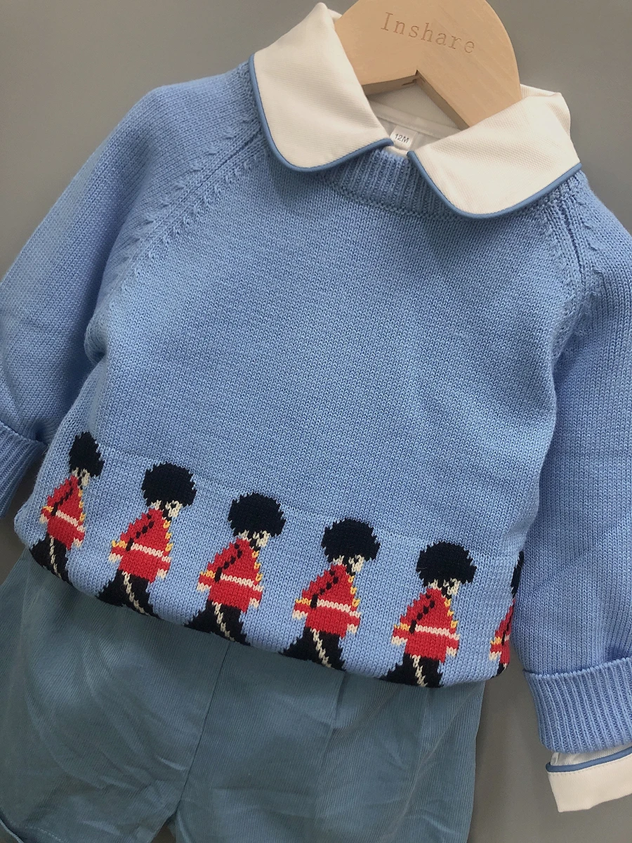 Children Boutique Clothing Autumn And Winter Long-Sleeved Blue Soldier Wool Sweater Cotton Suit Spanish Birthday Dress British