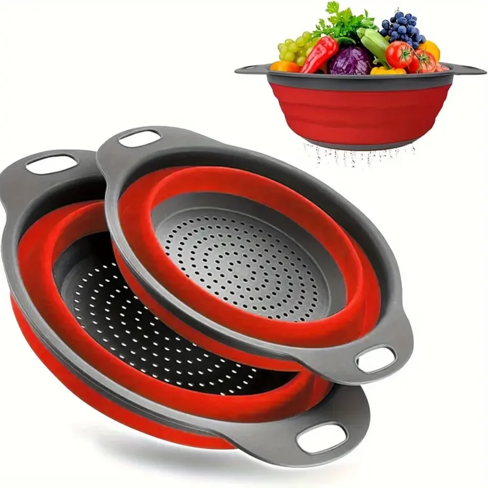 Conjunto de pote de filtro dobrável, pote de filtro de cozinha dobrável, pote de filtro redondo pequeno com base e alça, adequado para macarrão, frutas, v