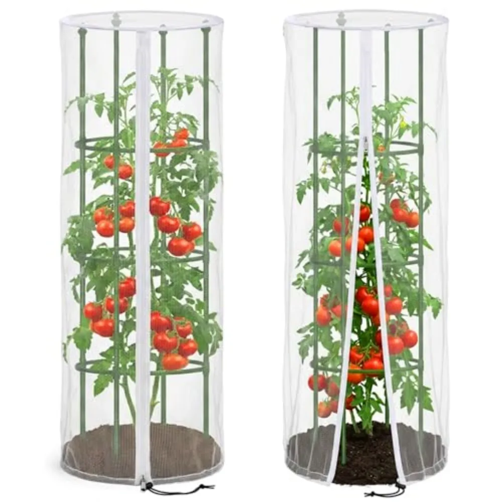 2 Pcs Garden Bird Netting Cover for Round Tomato Cage, 59' X 18' Tomato Trellis Insect Barrier Protection Mesh, Plant Cage Garden Net Cover with Zipper for Vertical Climbing Plants Vegetables Fruits