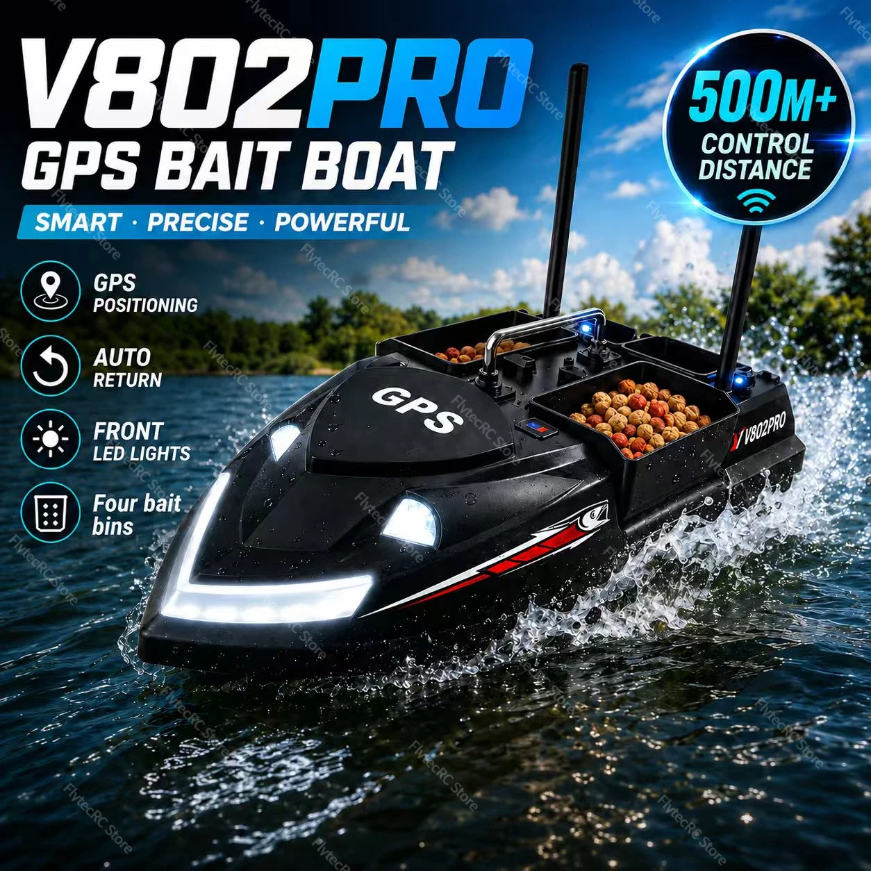 FlytecRC ferngesteuertes Köderboot mit GPS, 500M RC Nachtangelboot mit LEDs, 4 Fächer, 3 kg Nutzlast, Angelboot, 12000 mAh