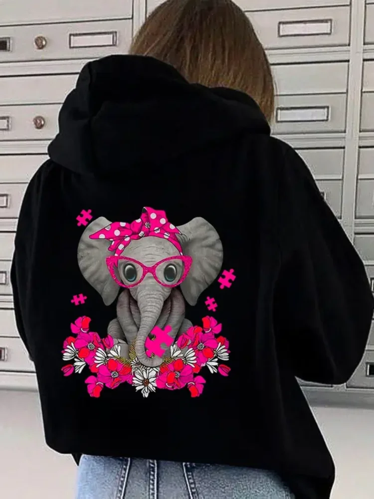 象と花柄のドロップショルダーパーカー ファッション カジュアル ドローストリングポケット フード付きスウェットシャツ 日常休日アウトドアウェア用